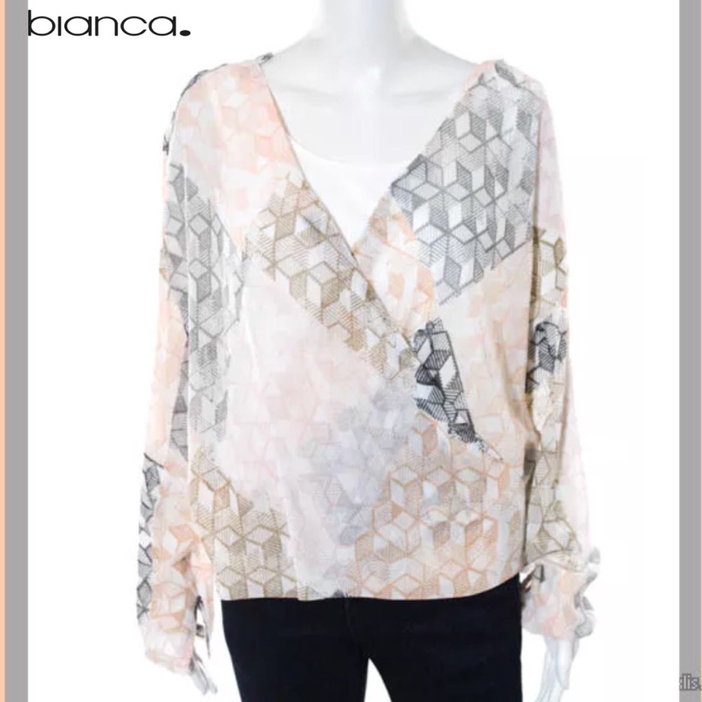 BIANCA Peach/Gray Geometric Sheer Blouse & Tank